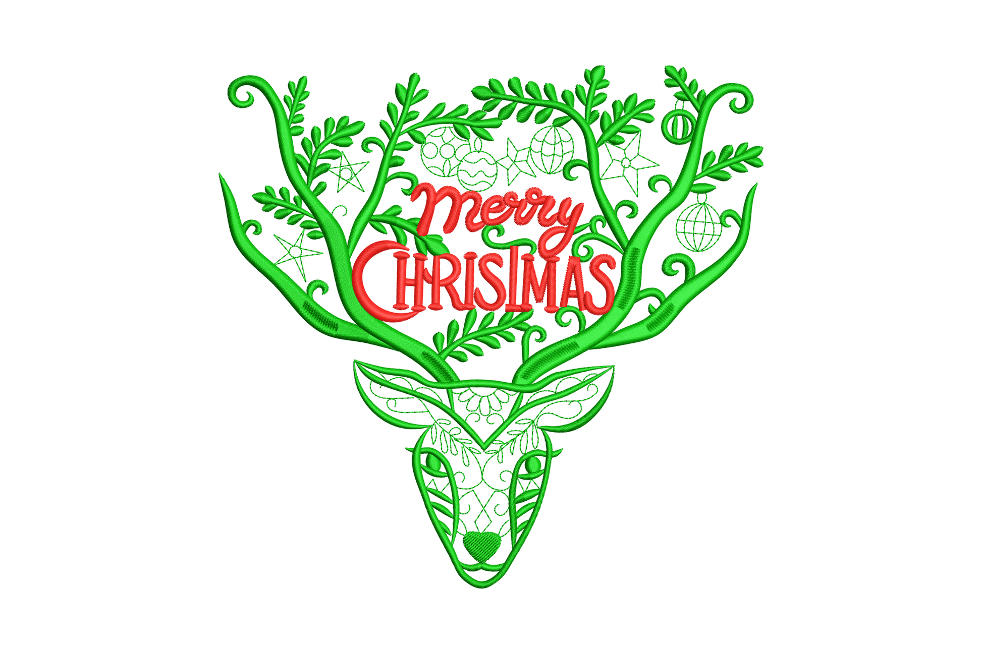 Merry Christmas reindeer head line art embroidery design with detailed antlers and fine fur texture strokes in two colours, warm brown reindeer with festive text