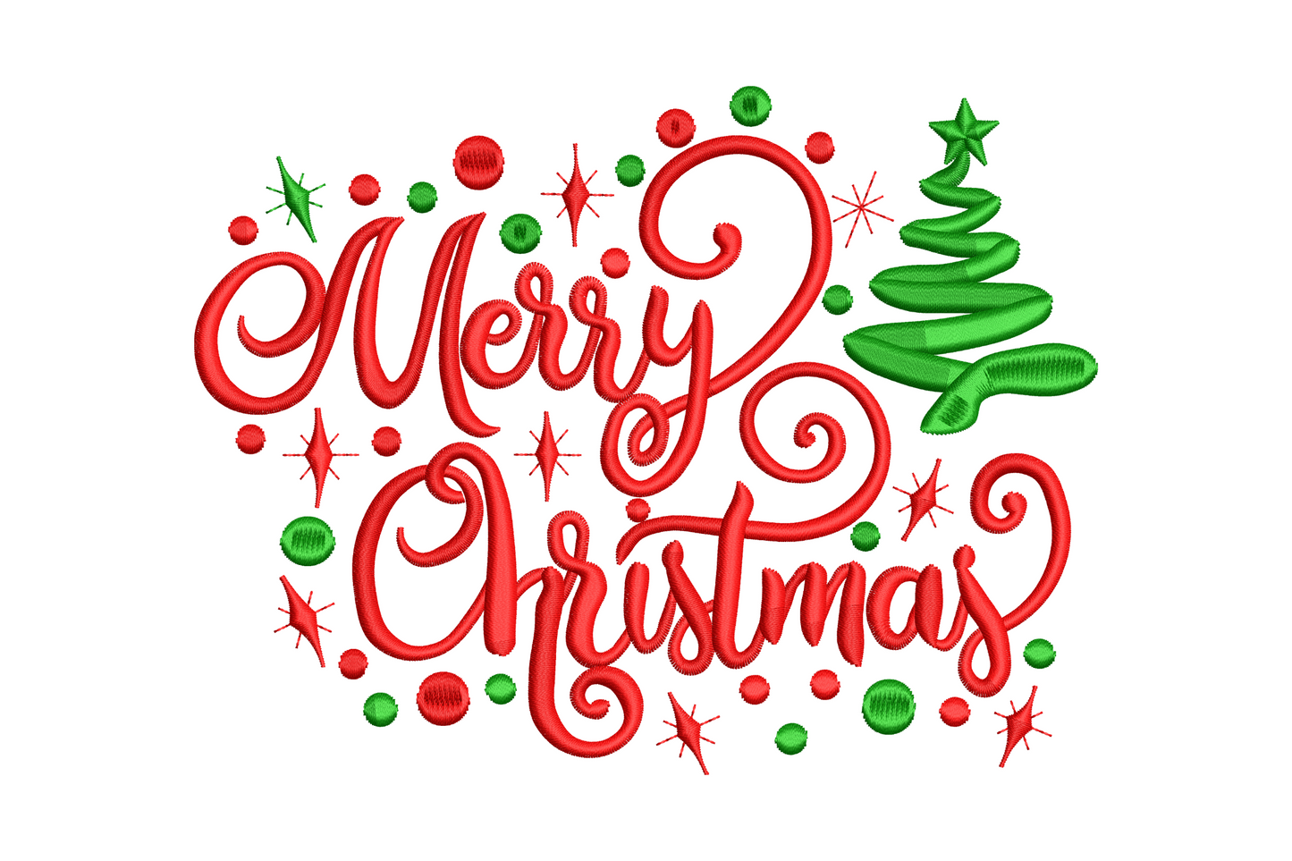 Merry Christmas cursive script embroidery in deep red and forest green, two stacked lines with calligraphy loops.