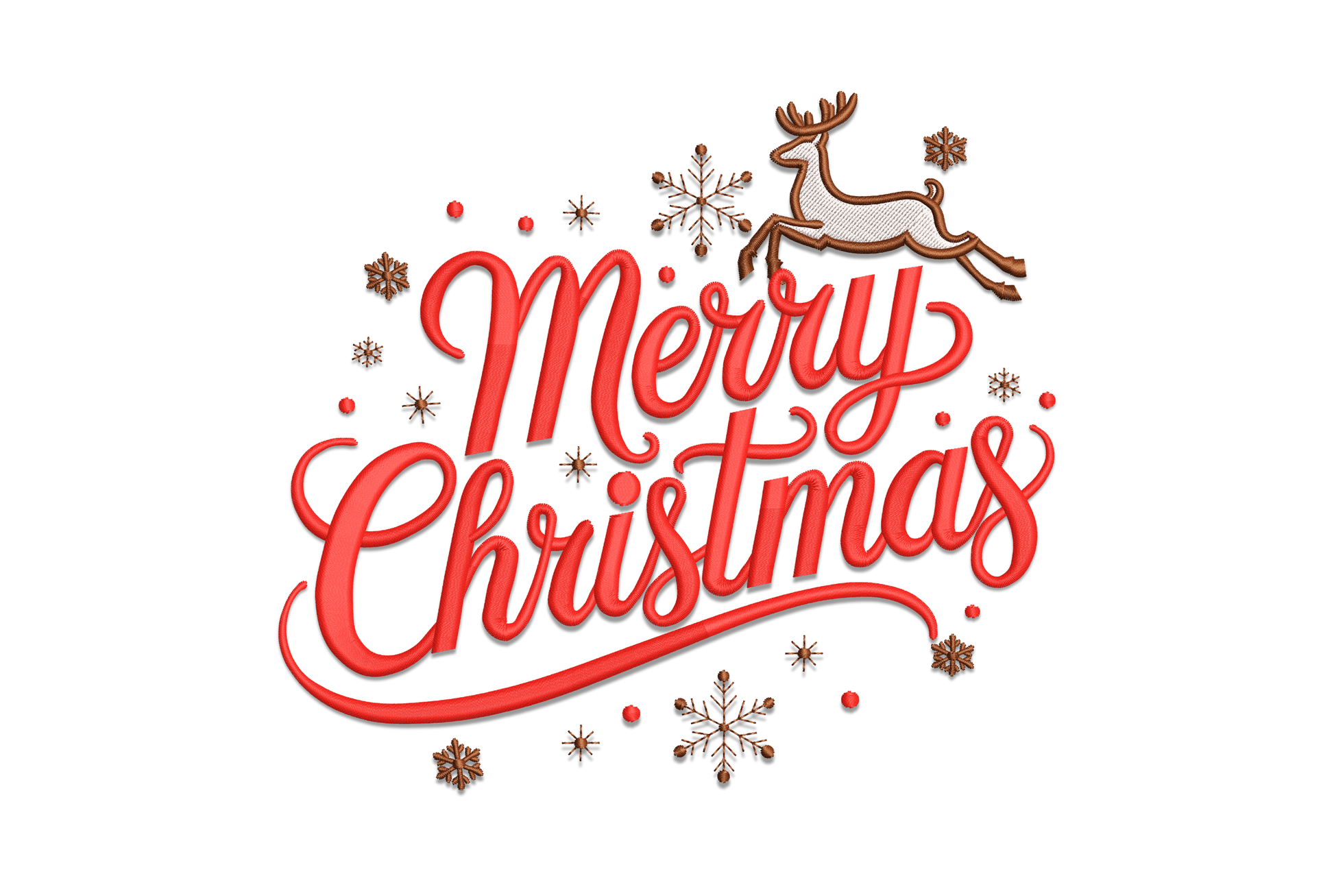 Merry Christmas script reindeer embroidery design, red flowing calligraphy with brown reindeer and snowflakes, 3 colours