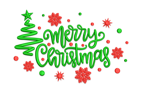 Merry Christmas script embroidery design, green cursive lettering with zigzag tree outline and star, red snowflake scatter.