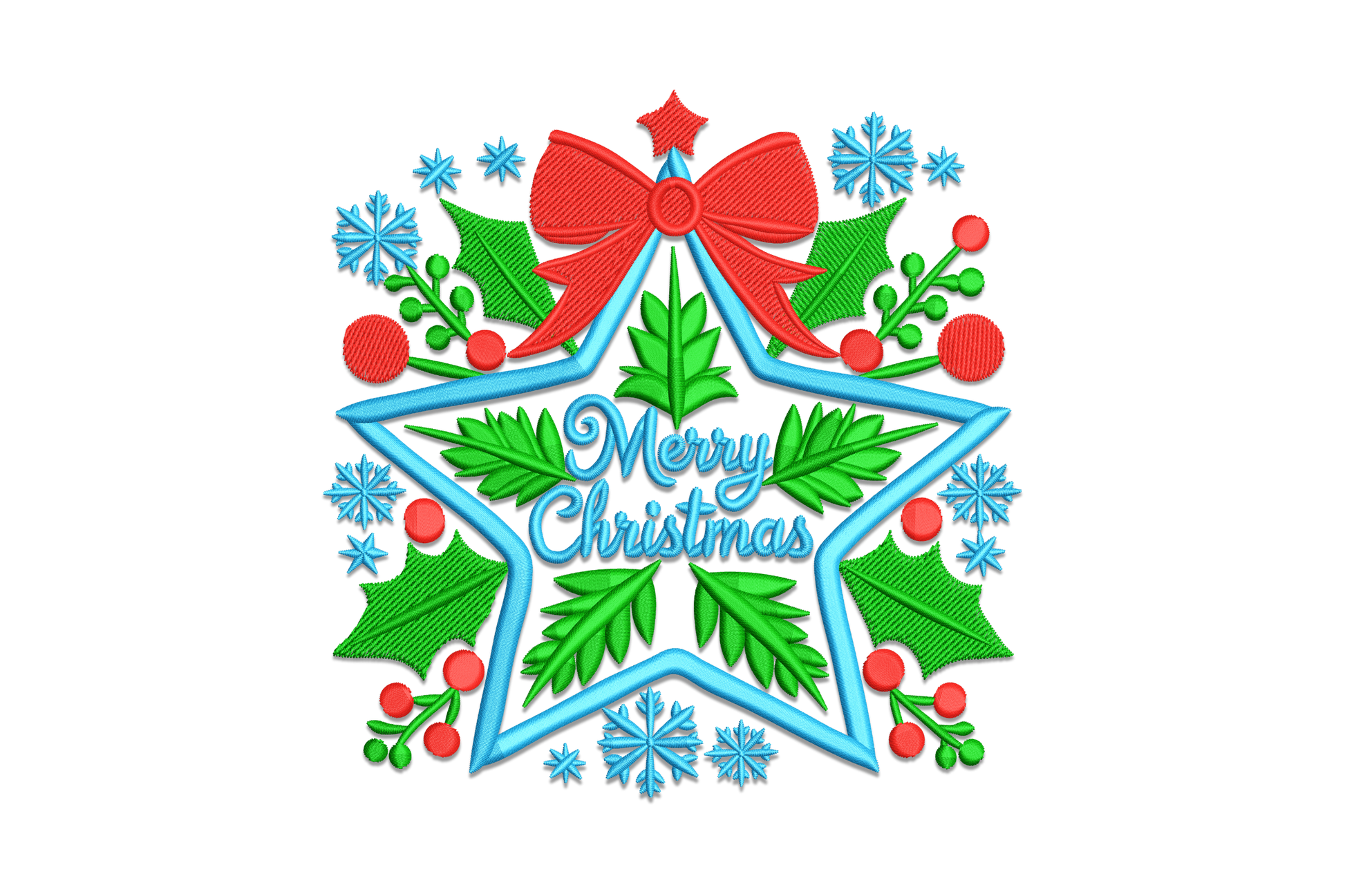 Merry Christmas star embroidery design, script lettering with star accent, 3 thread colors, 4 sizes up to 6.5 inches