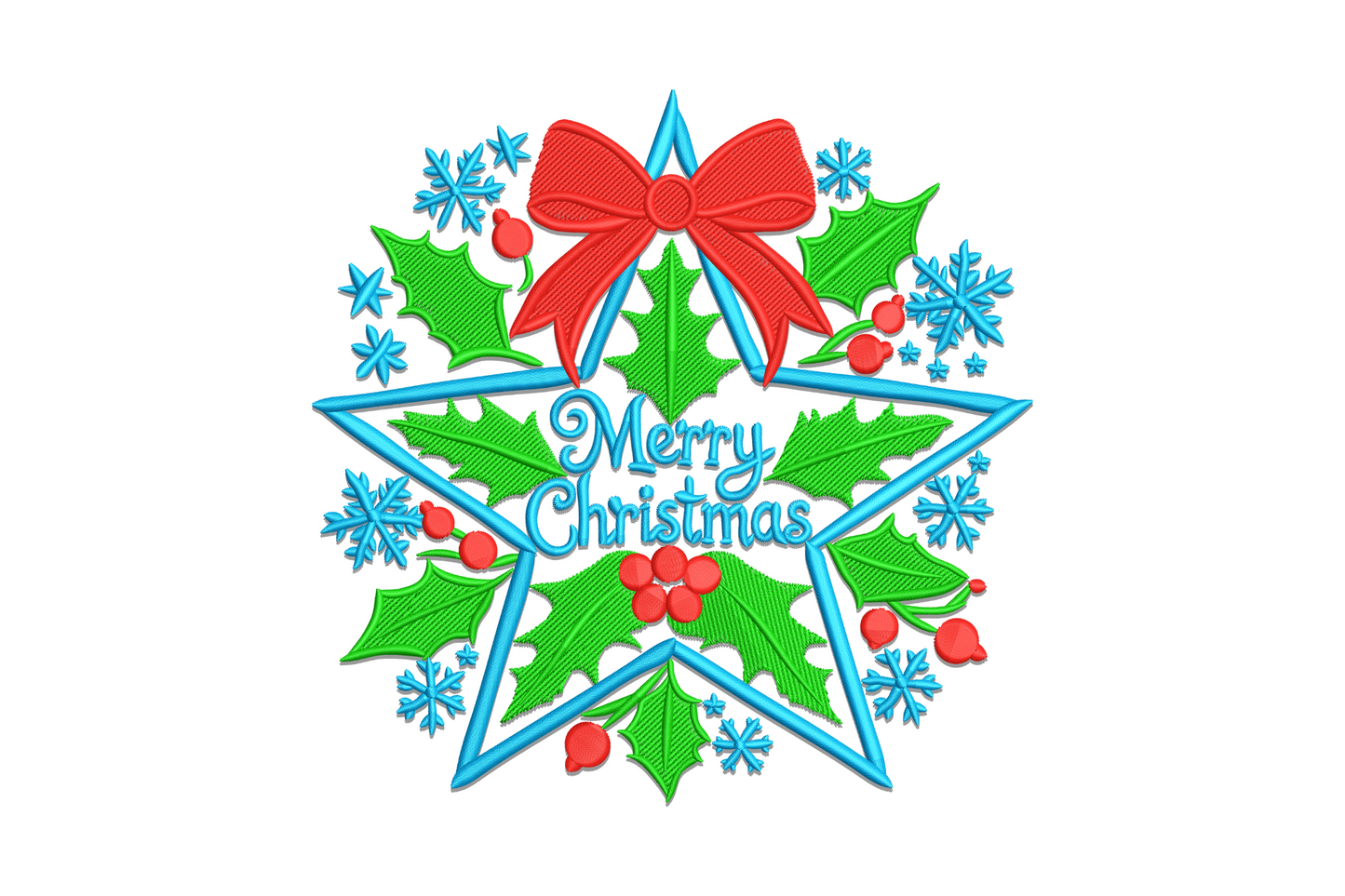 Merry Christmas star wreath embroidery design with gold stars, sage greenery, and cream lettering on a red pillow fabric.