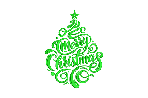 Merry Christmas tree embroidery design with round ornaments and white script lettering in forest green on a red tea towel.
