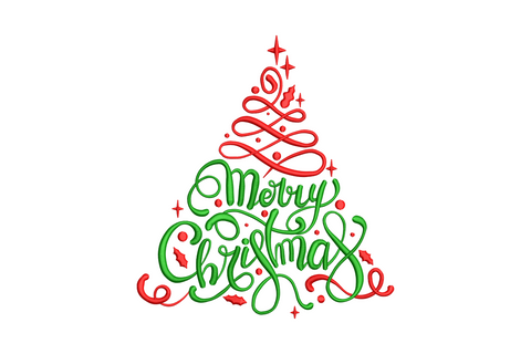 Christmas tree silhouette built from repeated Merry Christmas text rows tapering to a point, typographic holiday embroidery.