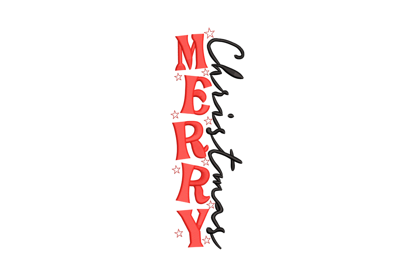 Vertical Merry Christmas embroidery design with bold red block MERRY letters stacked and flowing black cursive Christmas script running diagonally alongside, dark red outline stars on the left