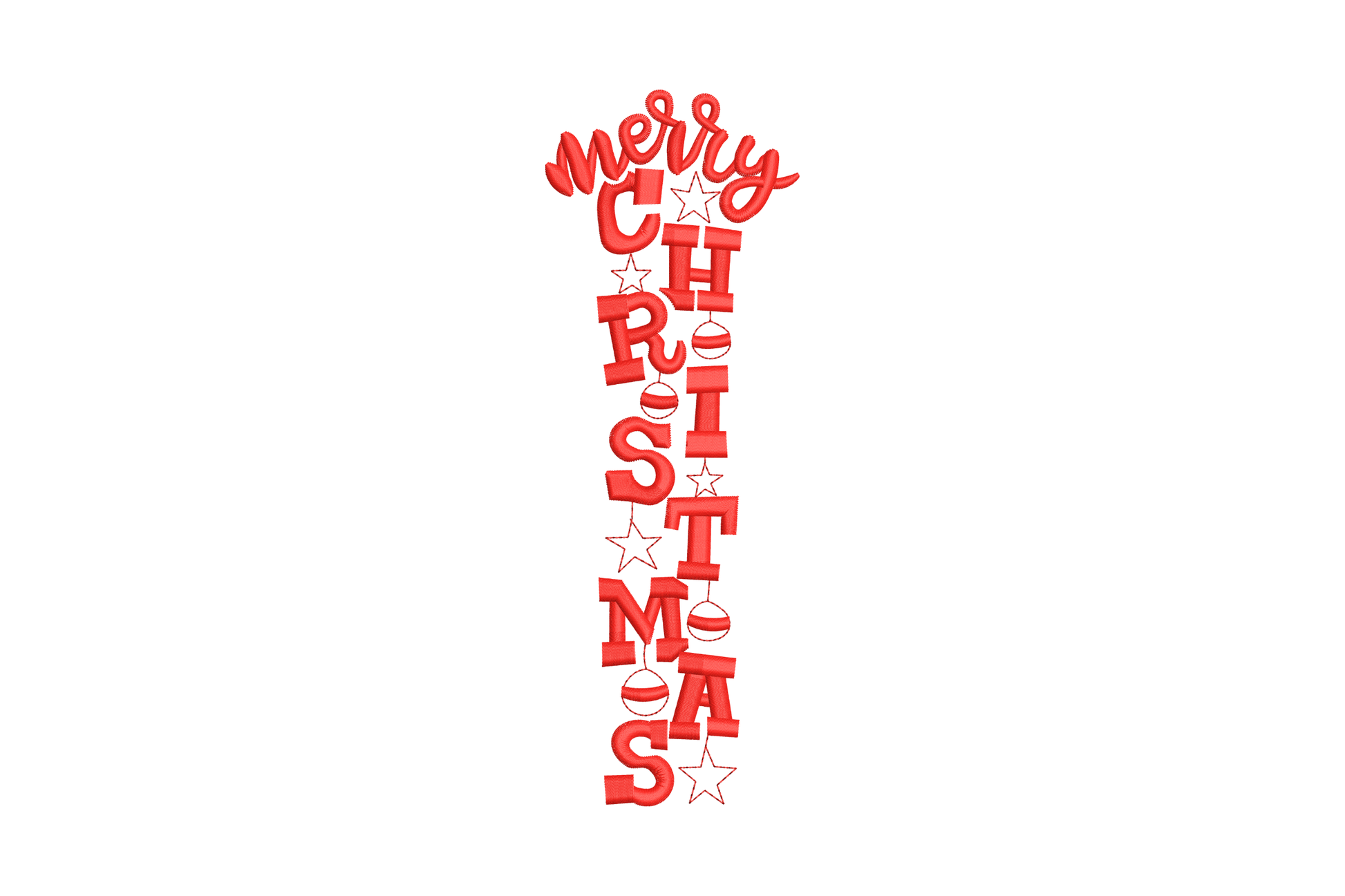 Merry Christmas vertical embroidery design, wide flat festive script in red and white, 5 sizes, holiday and Christmas theme