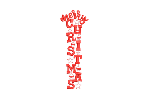Merry Christmas vertical embroidery design, wide flat festive script in red and white, 5 sizes, holiday and Christmas theme