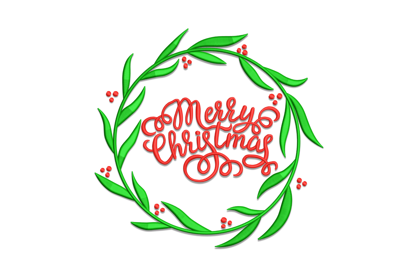 Merry Christmas wreath embroidery, olive-style leaf ring with red berries and flowing red cursive script in the centre.