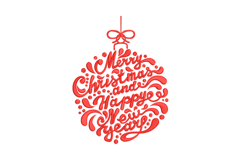 Merry Christmas and Happy New Year embroidery design, script and serif text stacked in single color typography, holiday seasonal pattern