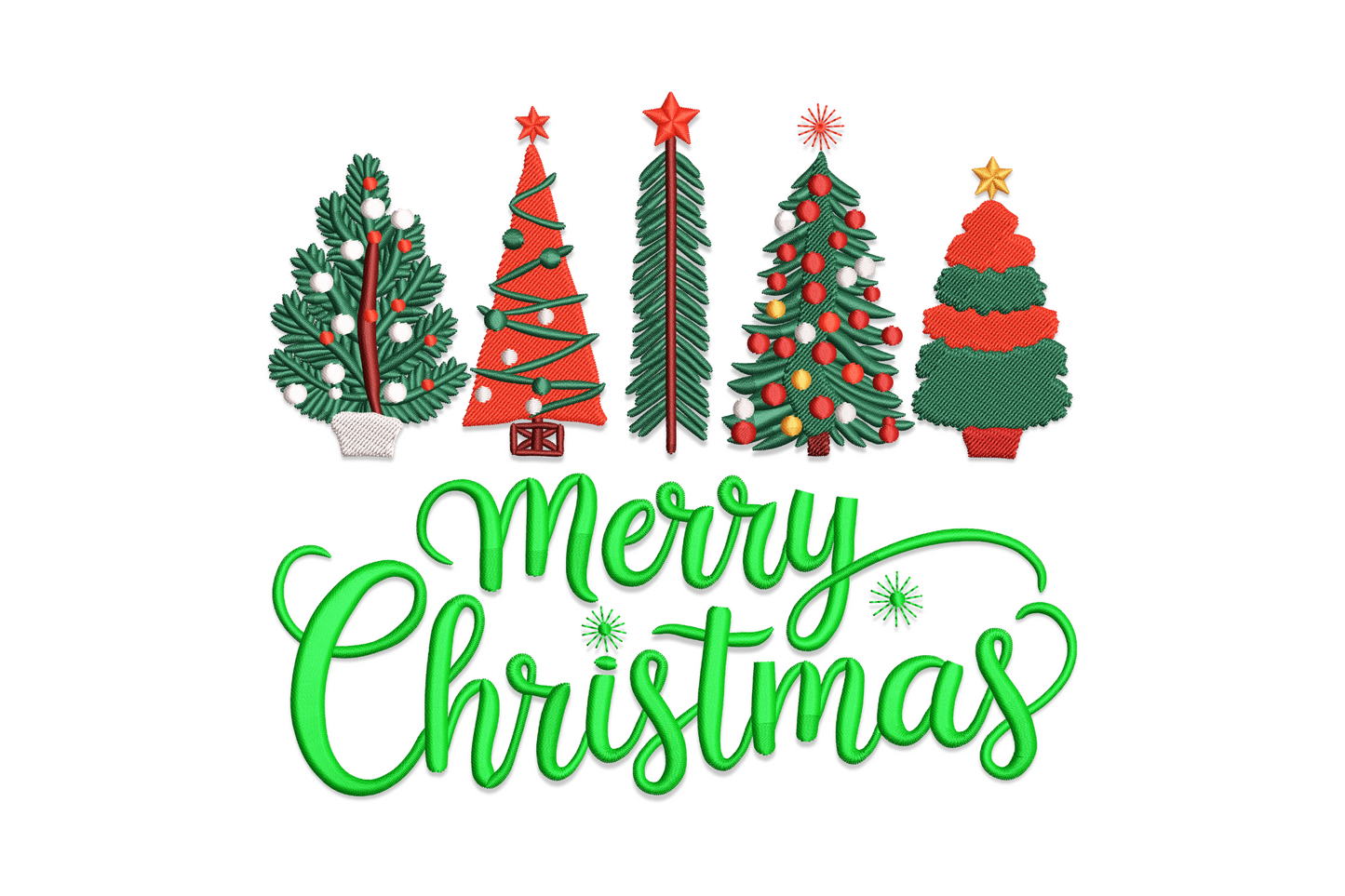 Merry Christmas embroidery design with five distinct decorated trees in a row and flowing green calligraphy script below.