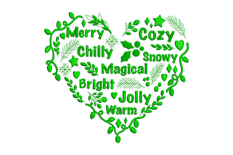 Christmas word art heart embroidery design in bright green with eight holiday words including Merry, Cozy, Magical, surrounded by botanical fern sprigs.