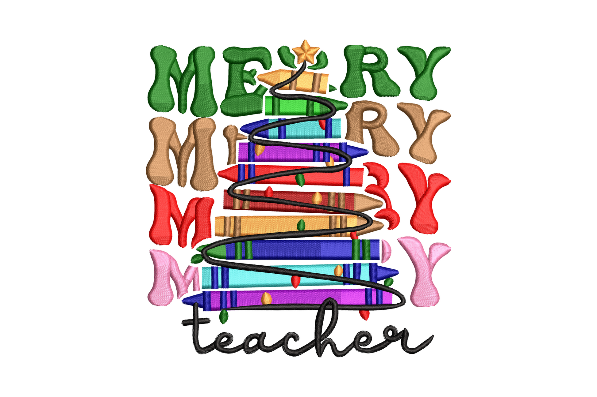 Merry Teacher Christmas embroidery, 11-colour crayon-stack tree, stacked MERRY text and cursive teacher label, 4 sizes