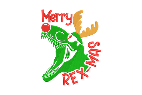 Merry Rex-Mas T-Rex dinosaur wearing Santa hat Christmas embroidery design in three colours with bold festive lettering, green dino body and red hat