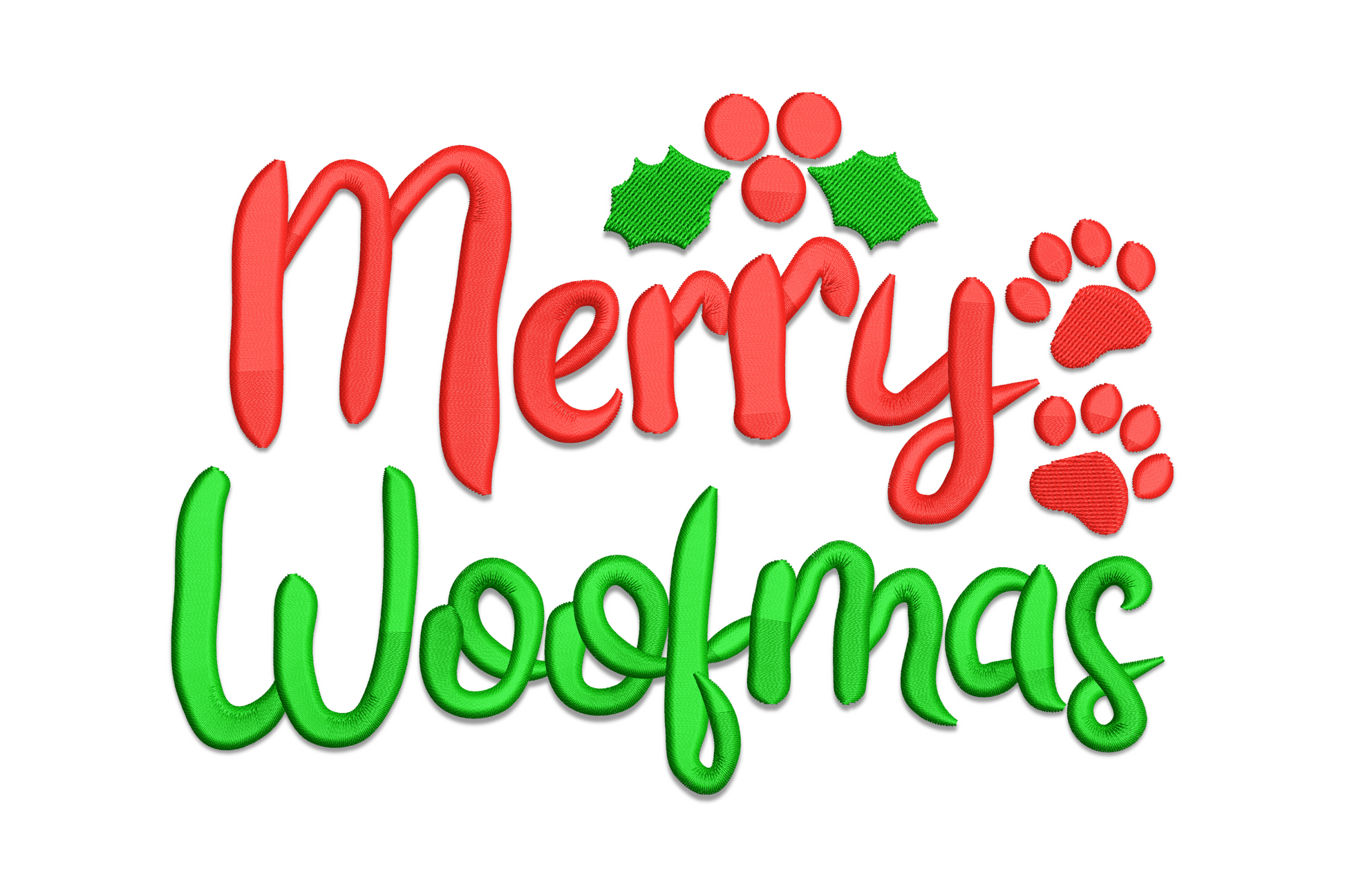 Merry Woofmas Christmas pun embroidery design in bold red and white display lettering with small festive decorative accents.