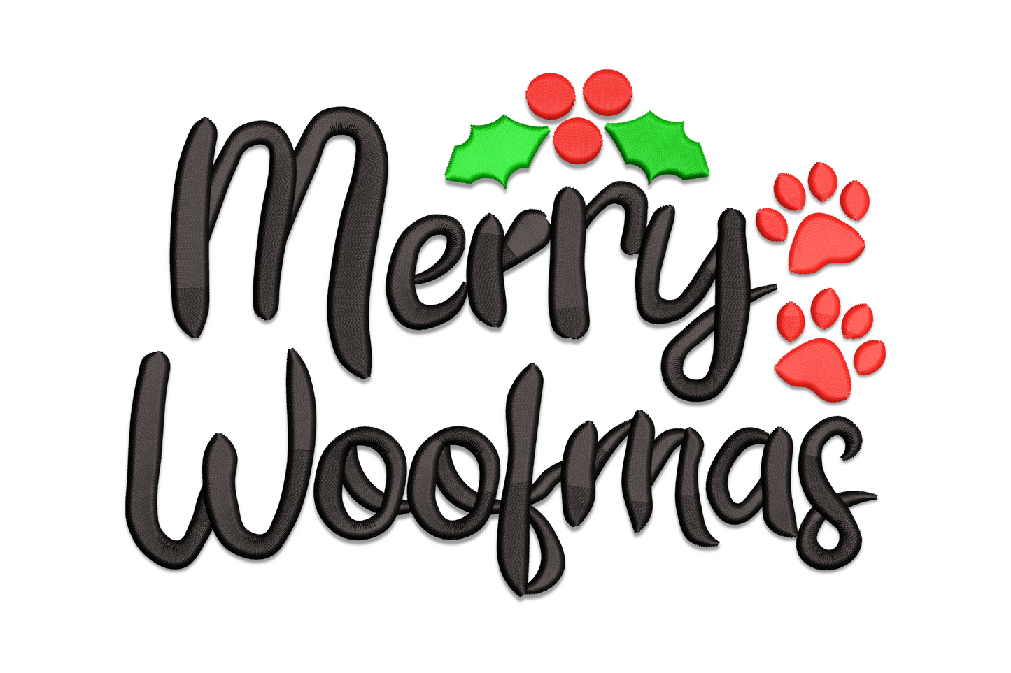 Merry Woofmas christmas dog embroidery design with bold red satin lettering and green accent, digitised across 5 sizes from 3.51 to 7.51 inches with paw accent element