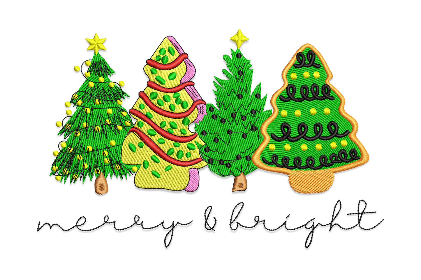 Four christmas trees row embroidery design, classic, scarf, skinny and cookie styles with merry and bright script below, 9 colours.