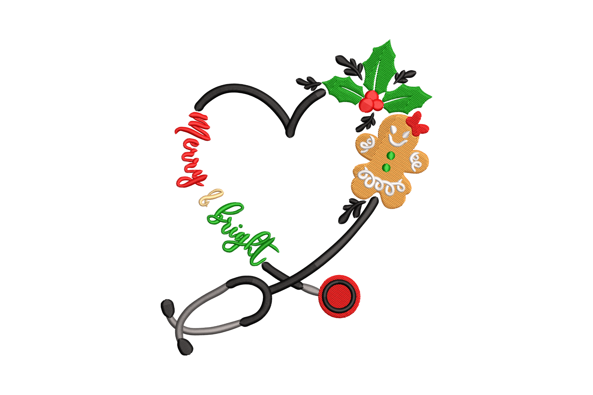 Merry Bright nurse heart embroidery, stethoscope heart with holiday script, gingerbread man, holly, 5 sizes up to 7.51 inches