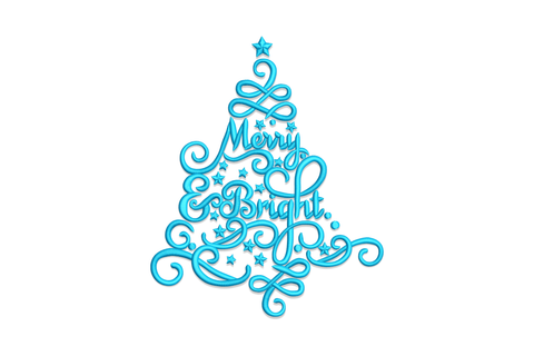 Merry and Bright script Christmas tree embroidery design in sky blue, the words form a triangle with swirl flourishes and small stars as decoration.