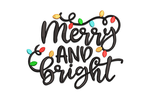 Merry and Bright holiday typography embroidery design in 5 colours with mixed block and script lettering across 5 sizes from 2.86 to 6.12 inches wide