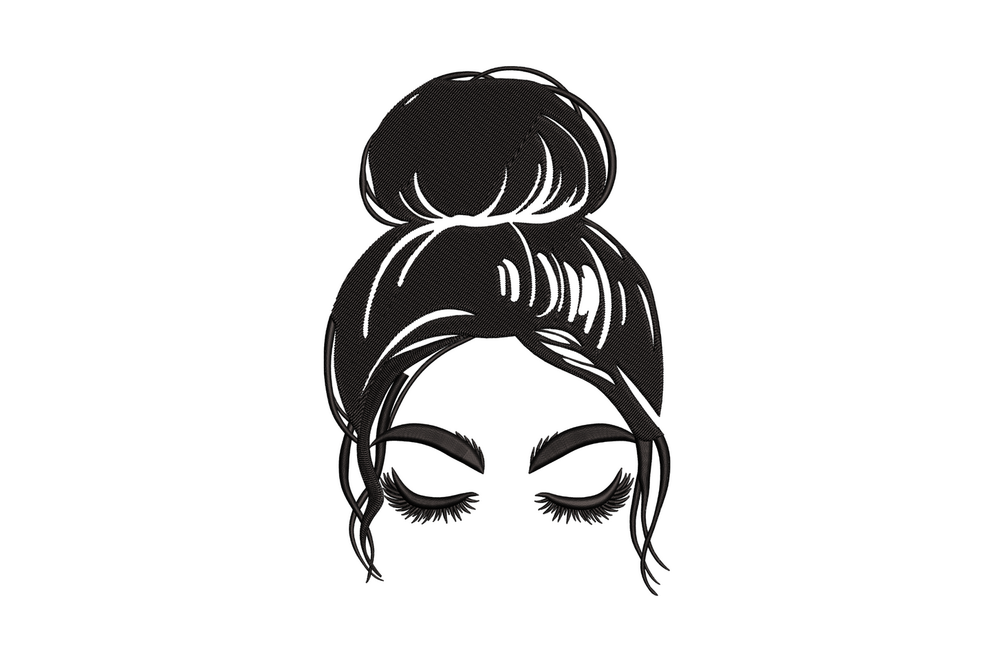 Messy bun girl embroidery design in single black thread showing silhouette with loose updo hairstyle on white fabric