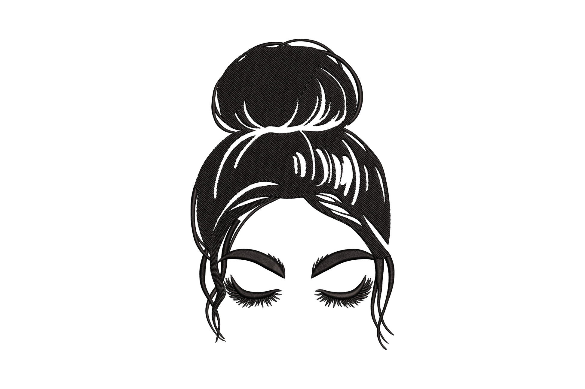 Messy bun girl embroidery design in single black thread showing silhouette with loose updo hairstyle on white fabric