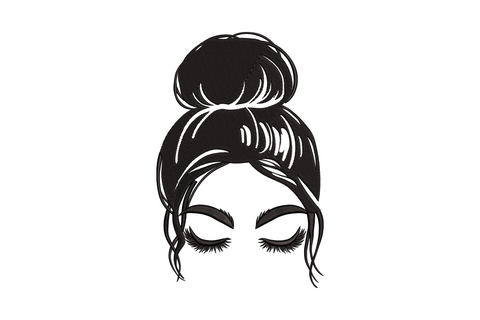 Messy bun girl embroidery design in single black thread showing silhouette with loose updo hairstyle on white fabric