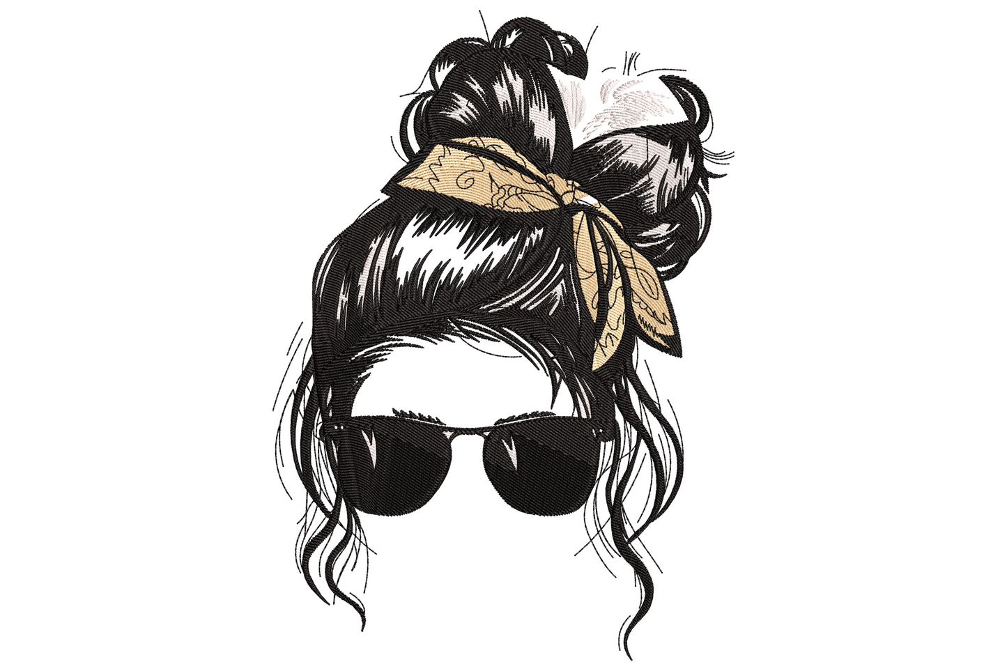 Messy bun girl embroidery with paisley bandana tied around the top-knot, aviator sunglasses and sketchy strands of hair trailing down.