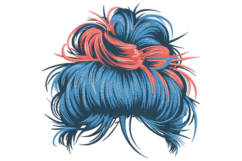 Messy bun hair silhouette embroidery showing a high espresso brown bun with caramel highlight strands and loose tendrils.