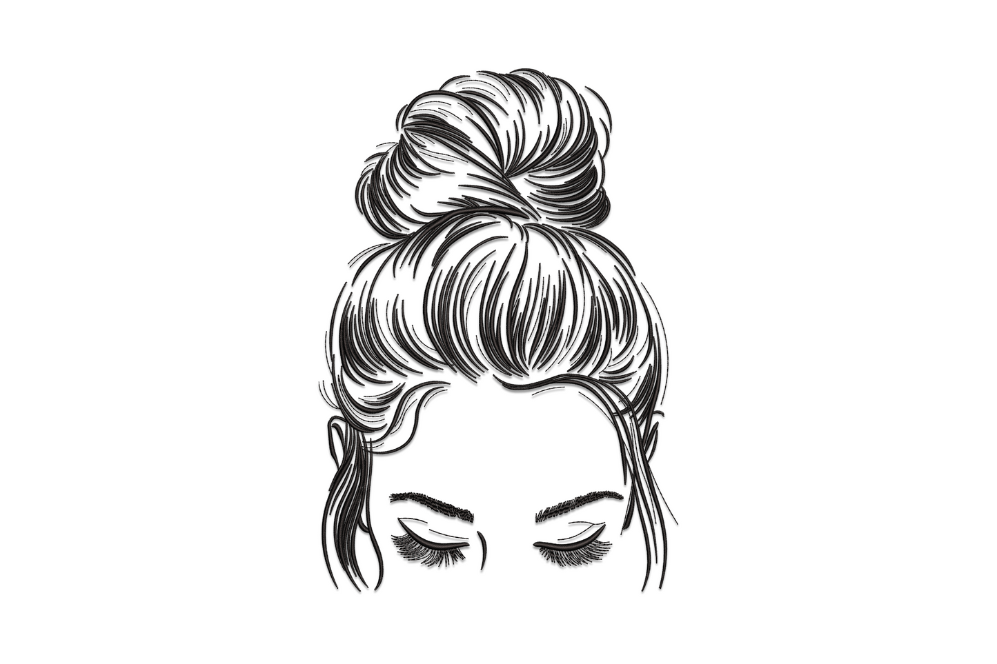 Messy bun hairstyle embroidery design, top-down portrait with loose flyaway bun and dramatic lashes, black thread.