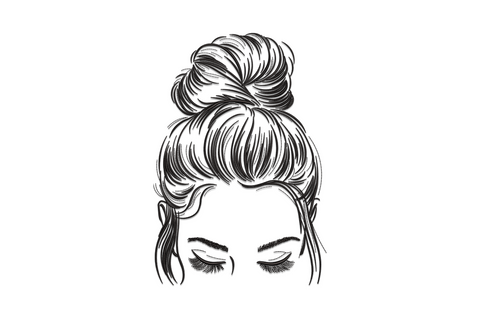 Messy bun hairstyle embroidery design, top-down portrait with loose flyaway bun and dramatic lashes, black thread.