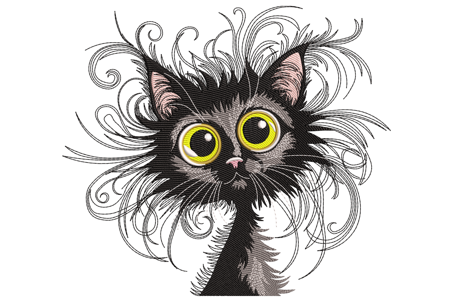 Messy hair cat embroidery design featuring a small black kitten with huge yellow eyes and wild swirling fur strands.