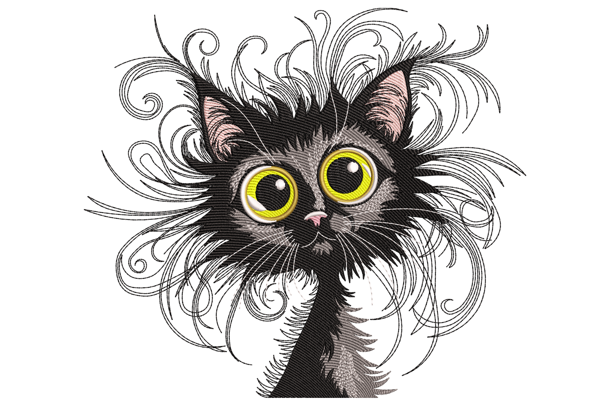 Messy hair cat embroidery design featuring a small black kitten with huge yellow eyes and wild swirling fur strands.