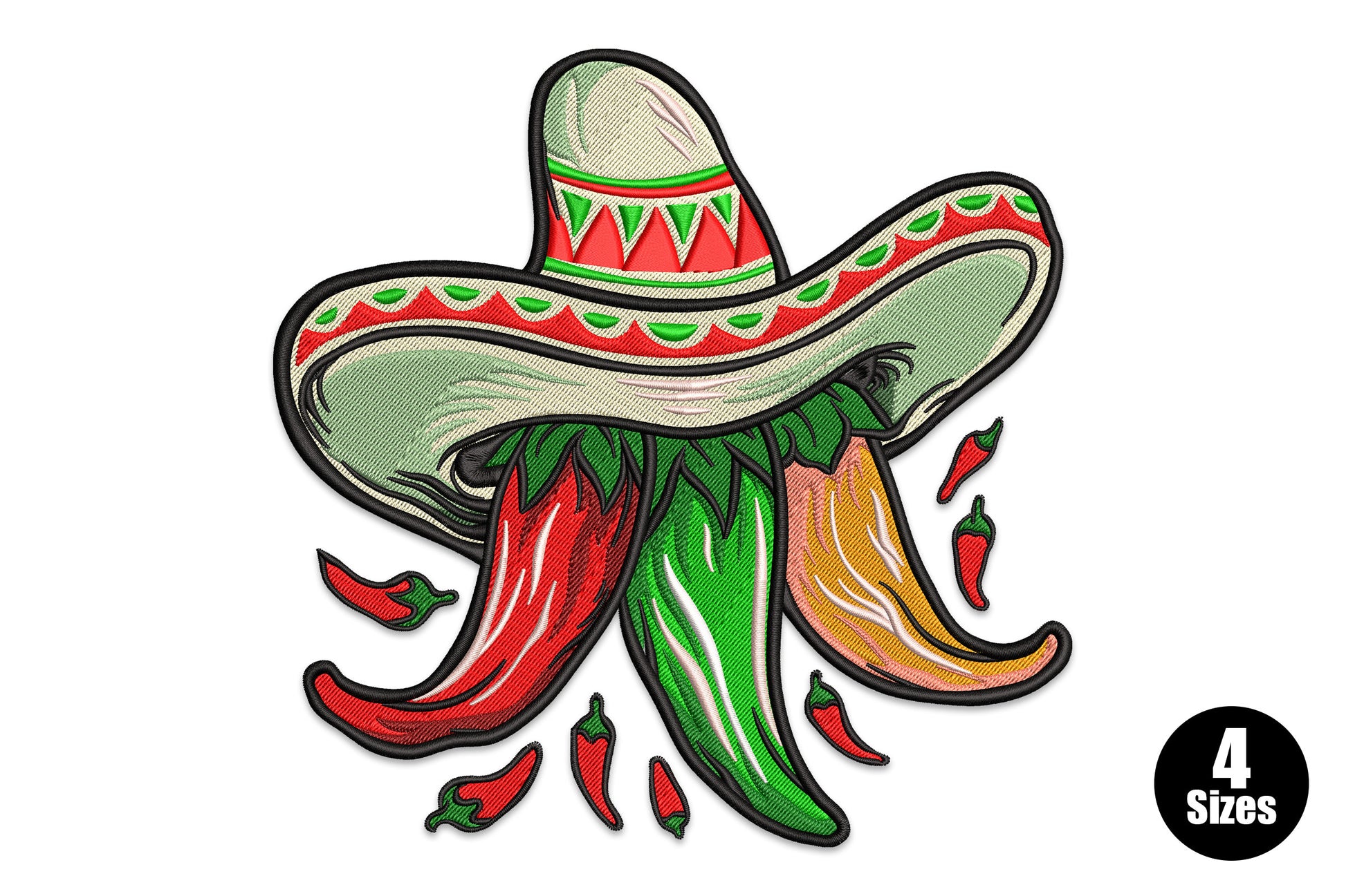 Mexican fiesta pepper and sombrero embroidery design with folk art accents, 12 colours and dense satin fill, 4 sizes from 4.01 to 7.01 inches