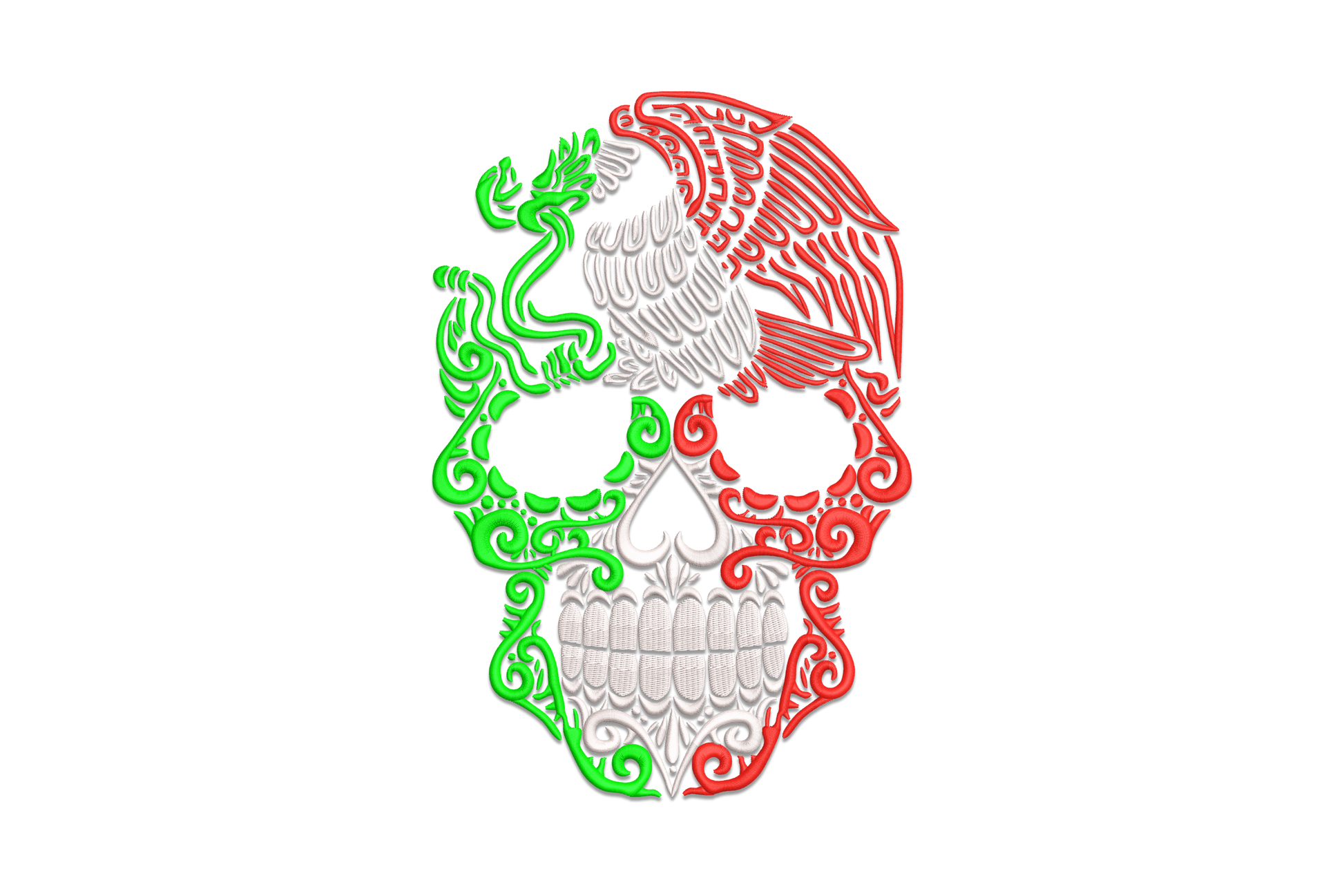 Mexican sugar skull embroidery with ornate floral eye sockets and folk art patterns across the face in bold outline style.