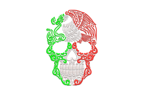 Mexican sugar skull embroidery with ornate floral eye sockets and folk art patterns across the face in bold outline style.
