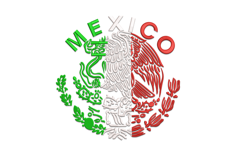 Mexico coat of arms embroidery with eagle gripping serpent on nopal cactus, wreath border below, rendered in 6 colours.