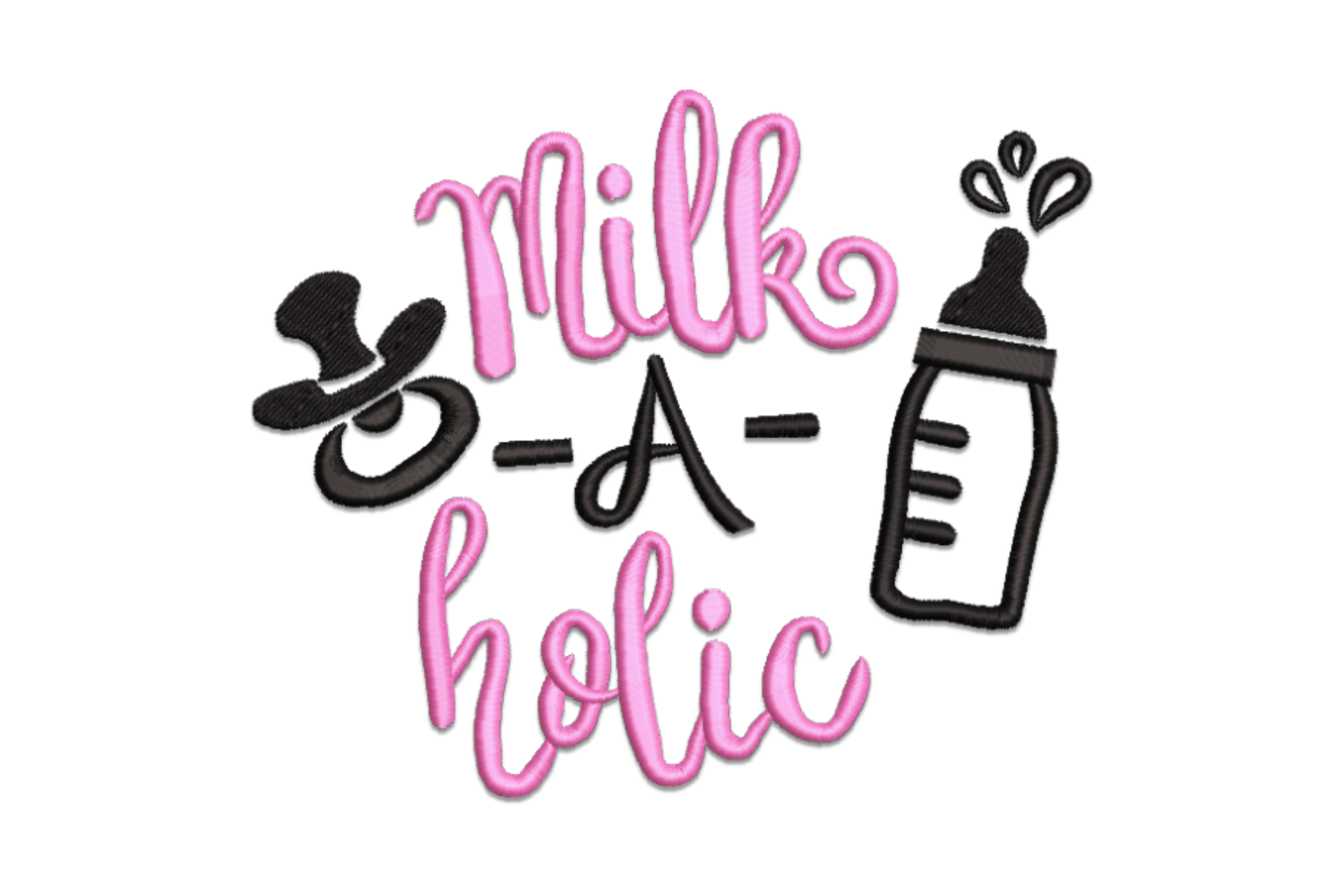 Milk-A-Holic baby embroidery design with chunky rounded lettering in 2 colours, sized for infant onesies and nursery gifts.