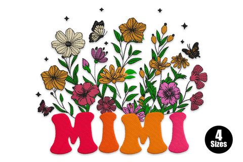 MIMI embroidery design, retro bubble letters in hot pink and orange, wildflowers and butterflies from each letter, 10 colours