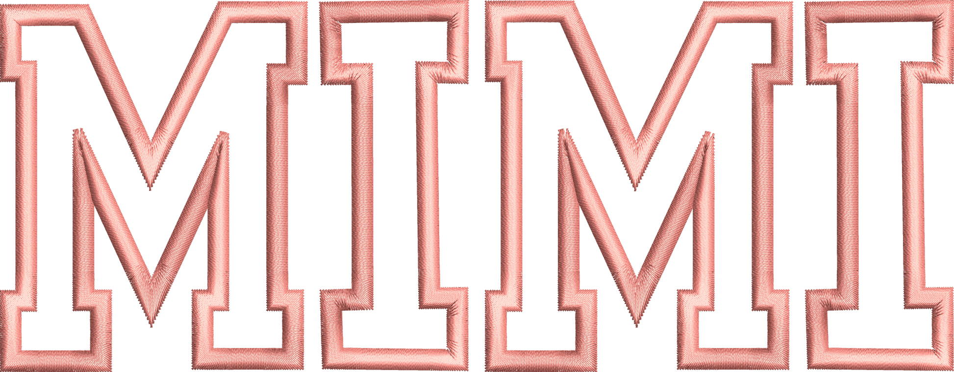 Mimi varsity letter embroidery, collegiate block letters with satin fill and outline, 4 colours, 5 sizes