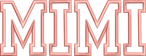 Mimi varsity letter embroidery, collegiate block letters with satin fill and outline, 4 colours, 5 sizes