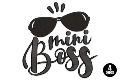 Mini boss kids embroidery design with aviator sunglasses and bold brush script in solid black on white background
