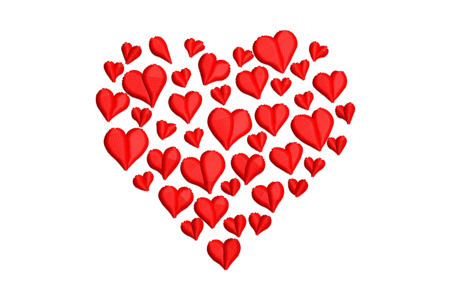 Mini hearts cluster embroidery with dozens of red satin-filled hearts in varying sizes forming one large heart silhouette.