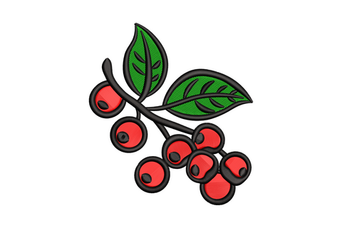 Mini holly berries embroidery design, 7 round red berries, two oval green leaves, thick black satin outline