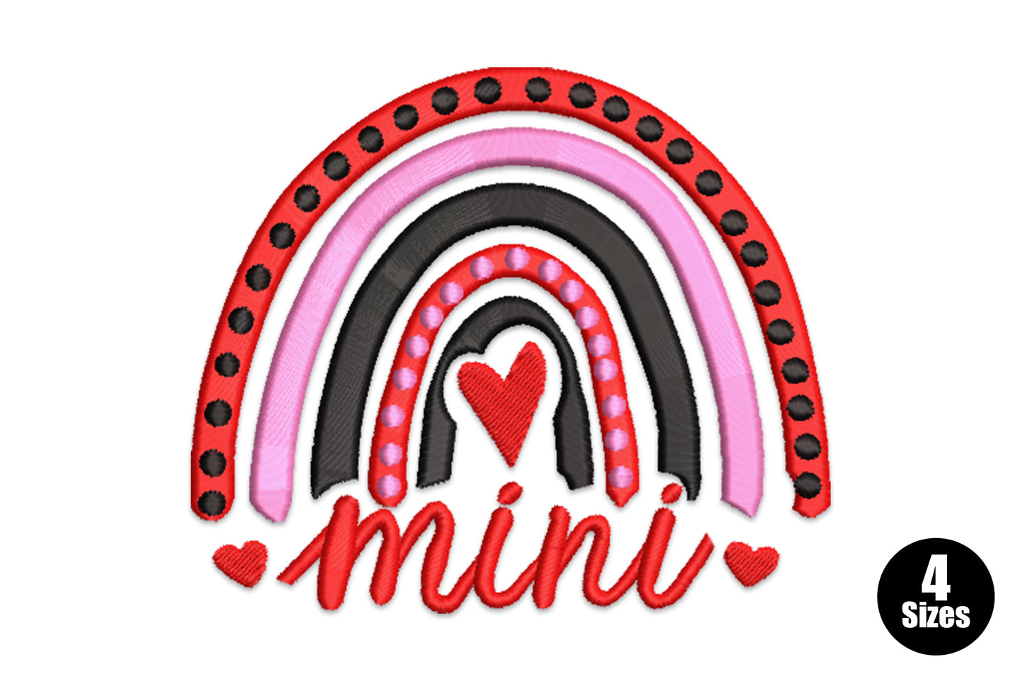 Mini rainbow embroidery design with arching colour bands and small cloud puffs at each end, 3 colours, 4 sizes from 1.72 to 4.29 inches