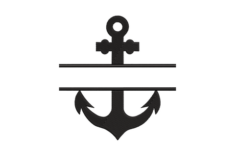 Minimal anchor divider embroidery design, anchor silhouette with two horizontal bars extending from crossbar, black thread, nautical insignia style