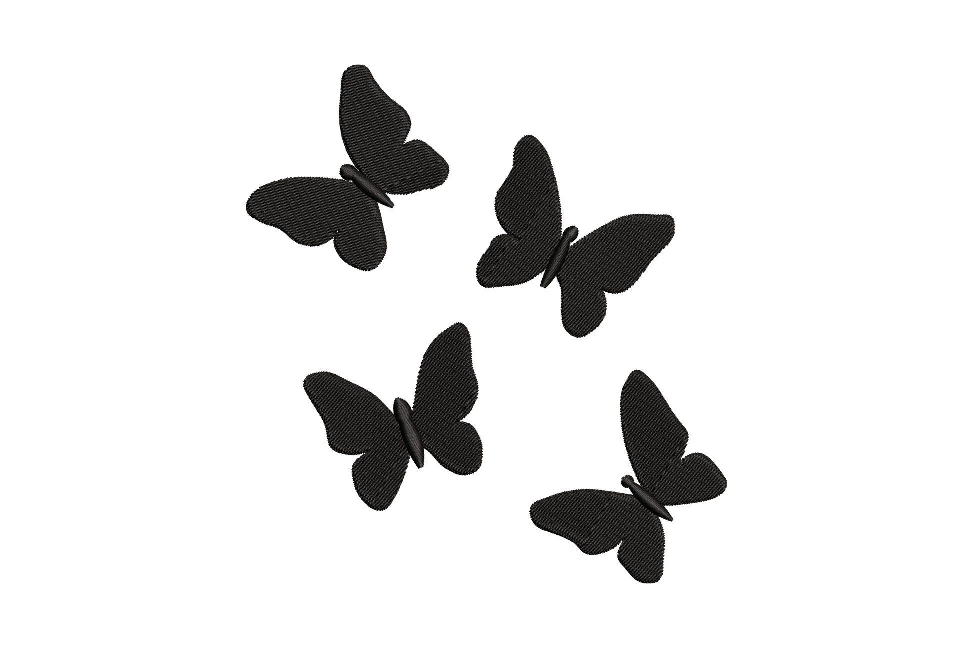 Minimal black butterfly embroidery design showing four scattered silhouettes in loose flight cluster, dense hatching fill, 6 sizes