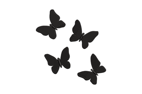 Minimal black butterfly embroidery design showing four scattered silhouettes in loose flight cluster, dense hatching fill, 6 sizes