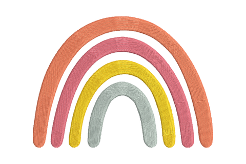 Minimal boho rainbow embroidery, four satin arcs in terracotta, coral, yellow and sage green