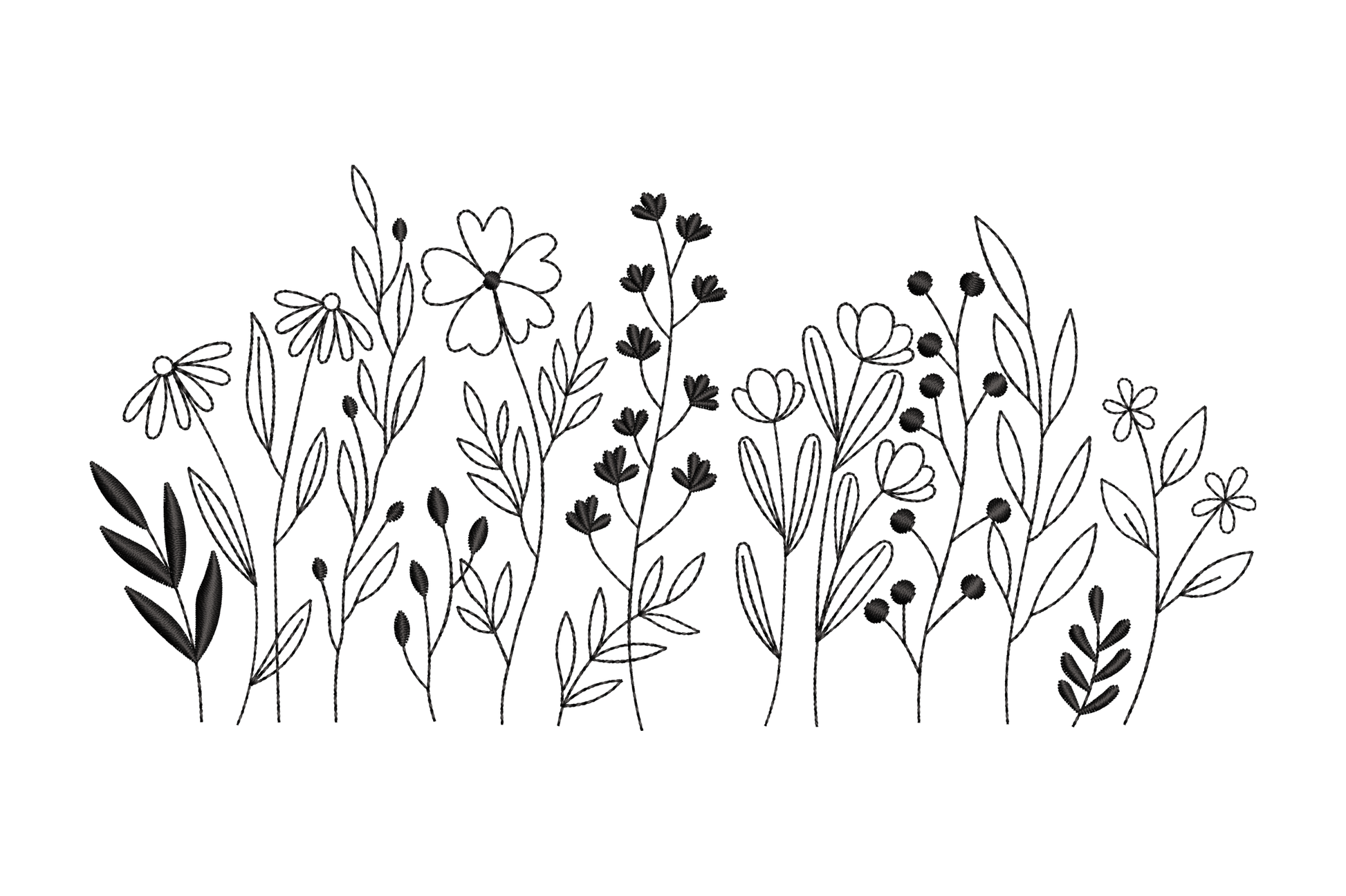 Minimal botanical wildflower border embroidery, dense mixed stems in single colour, 4 sizes, cottage garden meadow hem style