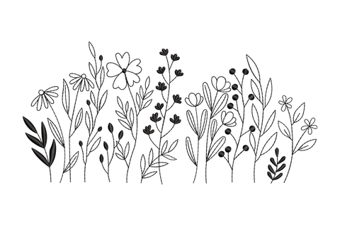 Minimal botanical wildflower border embroidery, dense mixed stems in single colour, 4 sizes, cottage garden meadow hem style